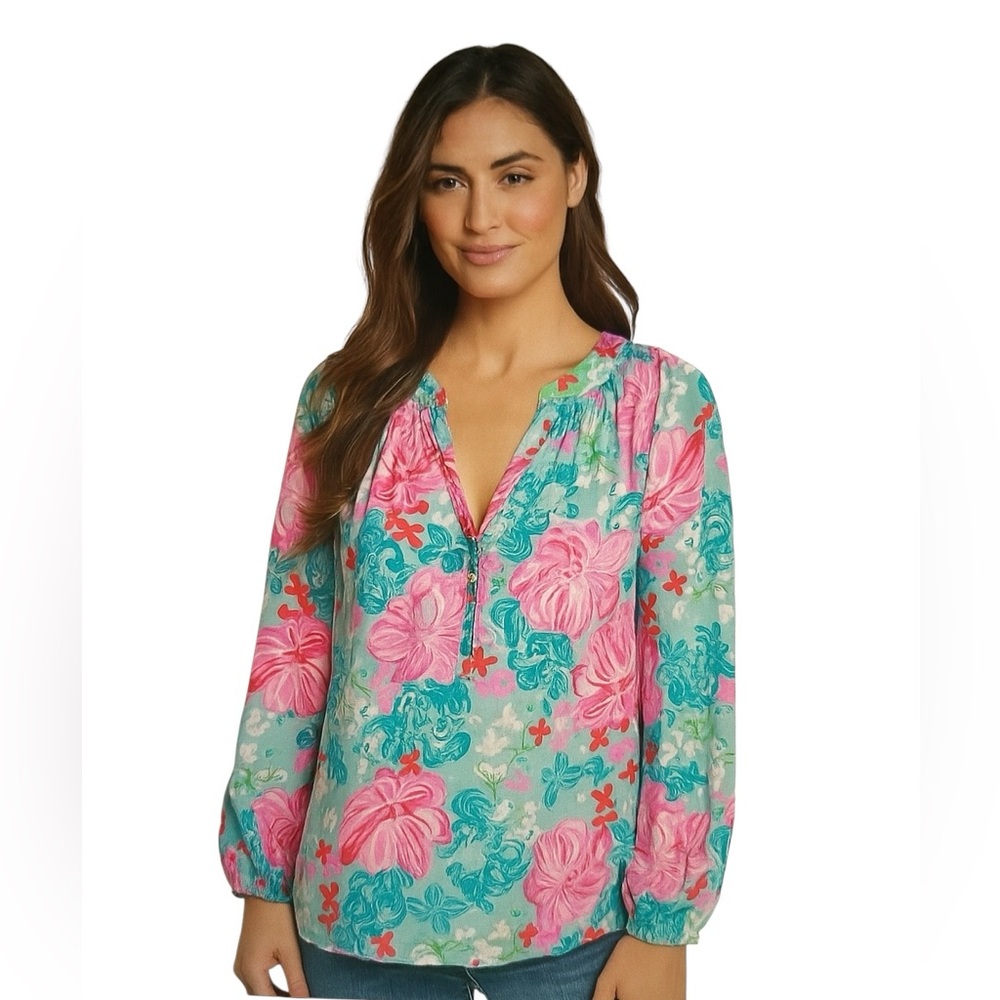 Lily Pulitzer Silk floral tropical whimsical eco friendly long sleeve shirt
